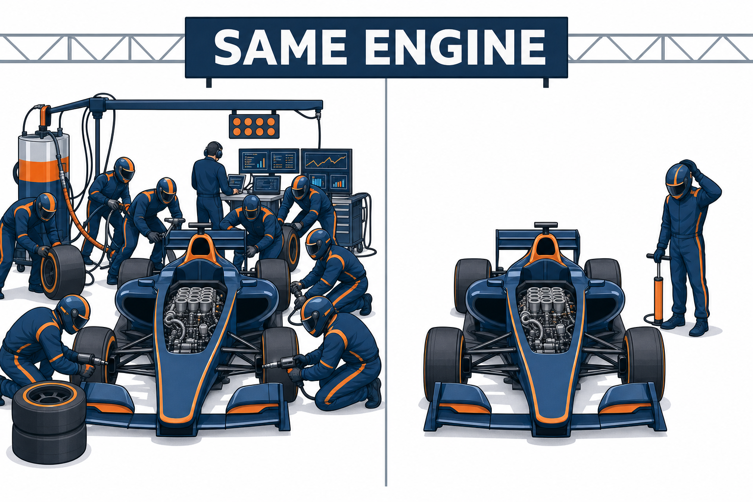 Two identical race cars, the one on the left surrounded by a full team of mechanics, the one on the right with a single man and a bicycle pump