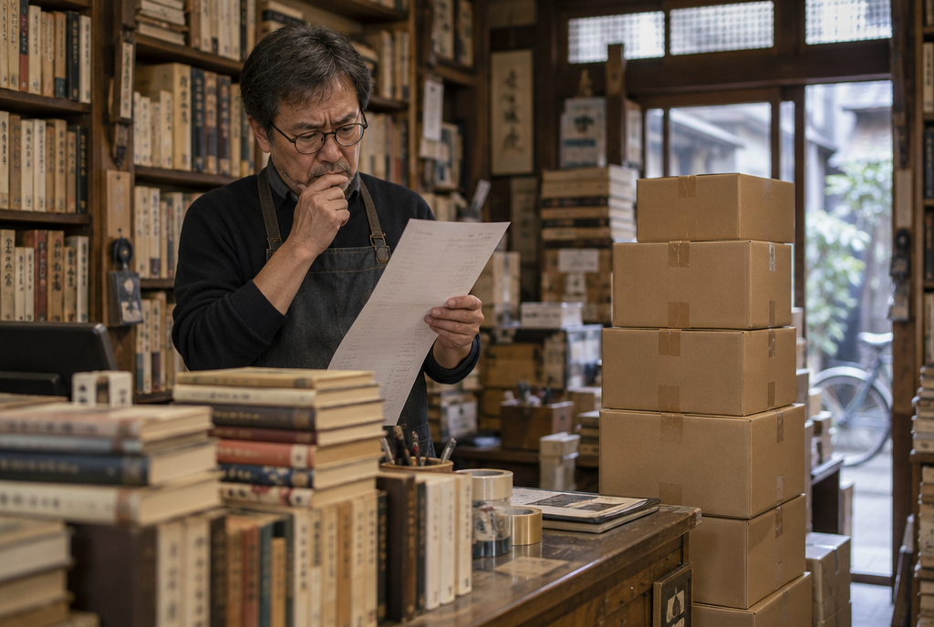 Un bouquiniste japonais perplexe devant une longue liste de commandes et une pile de cartons