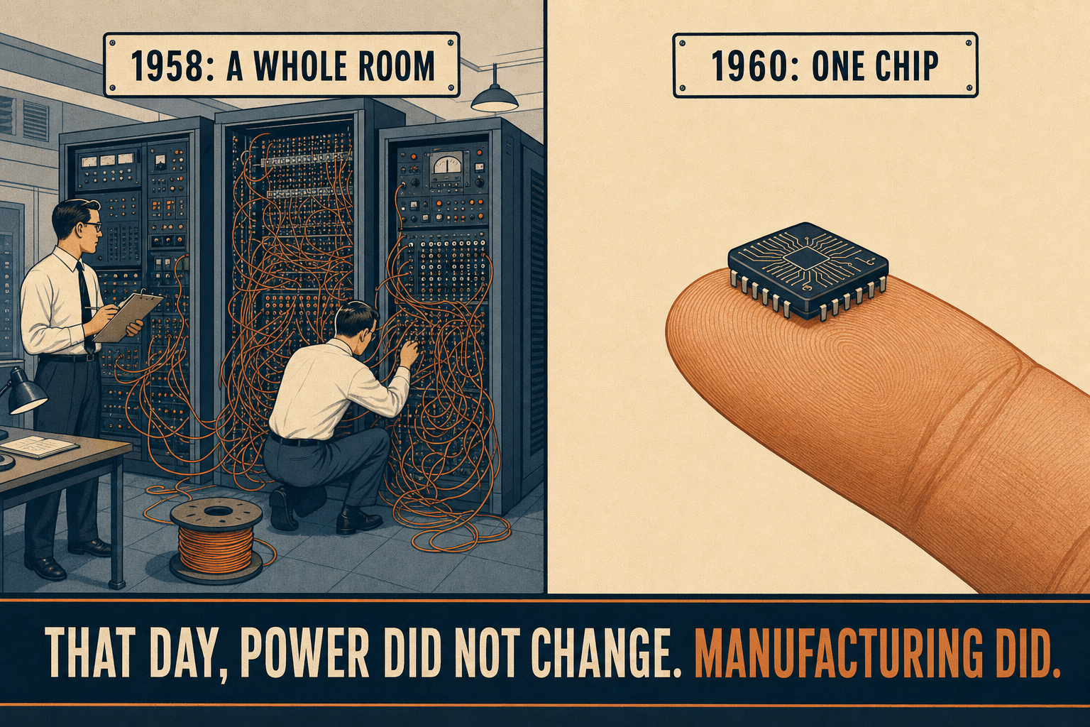 A gauche une salle informatique de 1958 avec des armoires cablees a la main, a droite un circuit integre sur un doigt