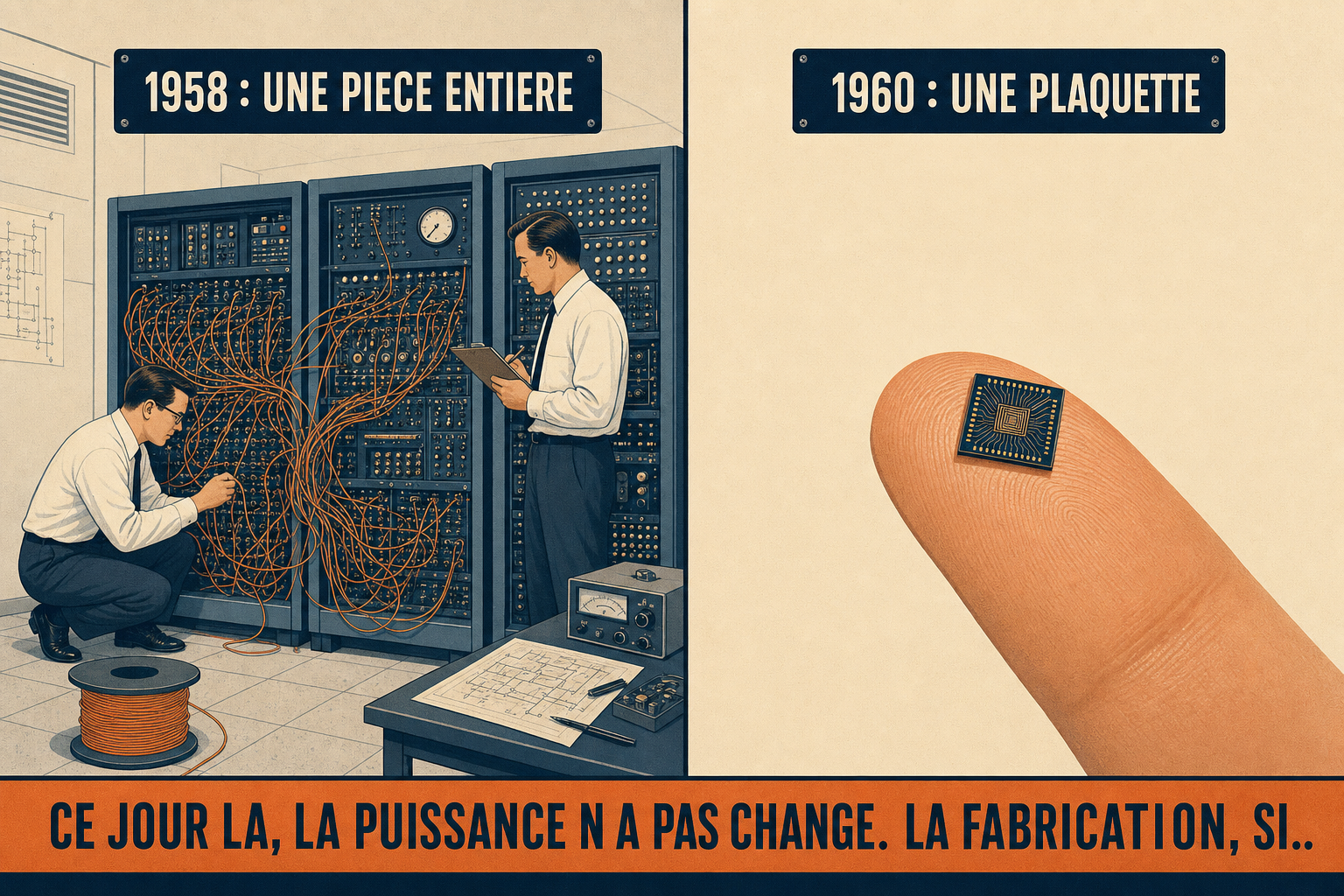 A gauche une salle informatique de 1958 avec des armoires cablees a la main, a droite un circuit integre sur un doigt
