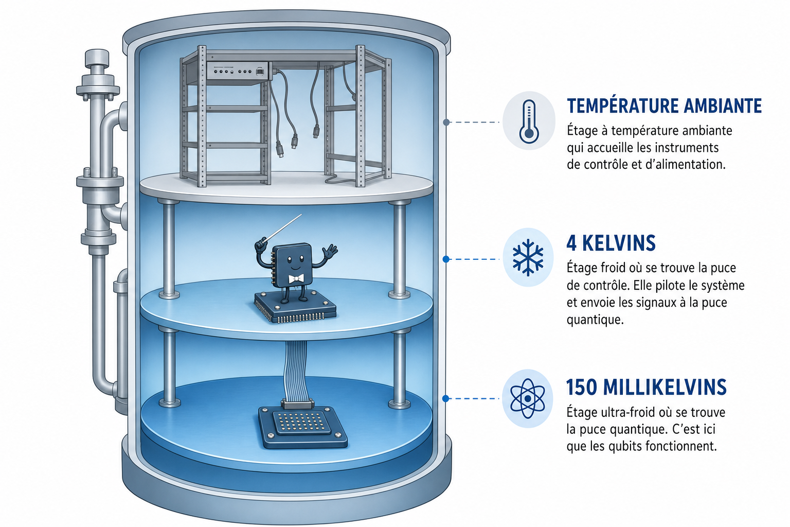 Schéma en coupe du frigo avec trois étages, la baie d'instruments à température ambiante désormais vide, la puce de commande à 4 kelvins et la puce quantique à 150 millikelvins
