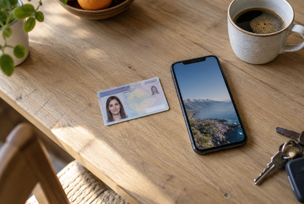 Une carte d'identité et un téléphone posés sur une table de cuisine, près d'une tasse de café