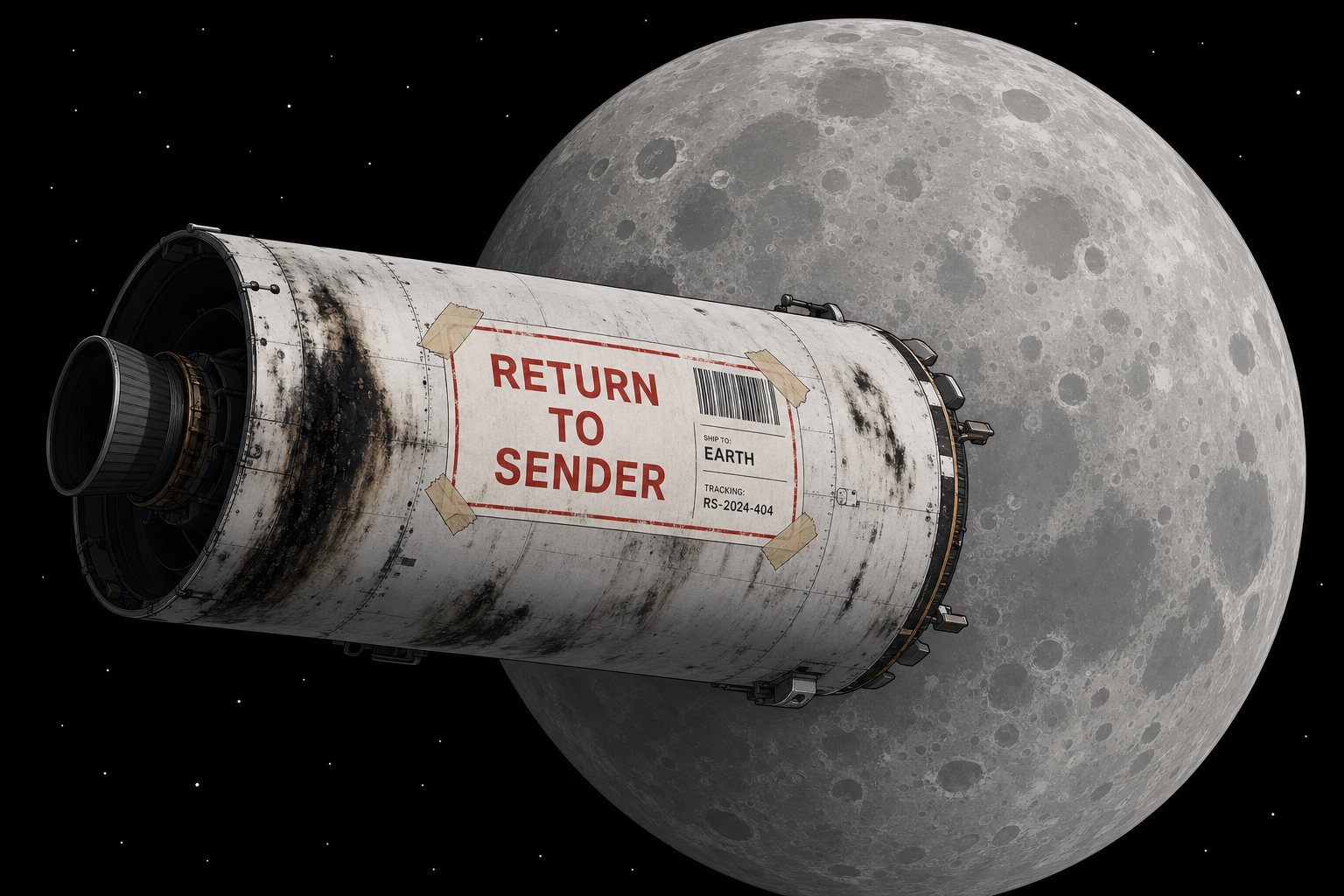 Illustration d un etage de fusee vide qui derive dans l espace avec une etiquette de colis retour a l expediteur collee dessus, la Lune en arriere-plan