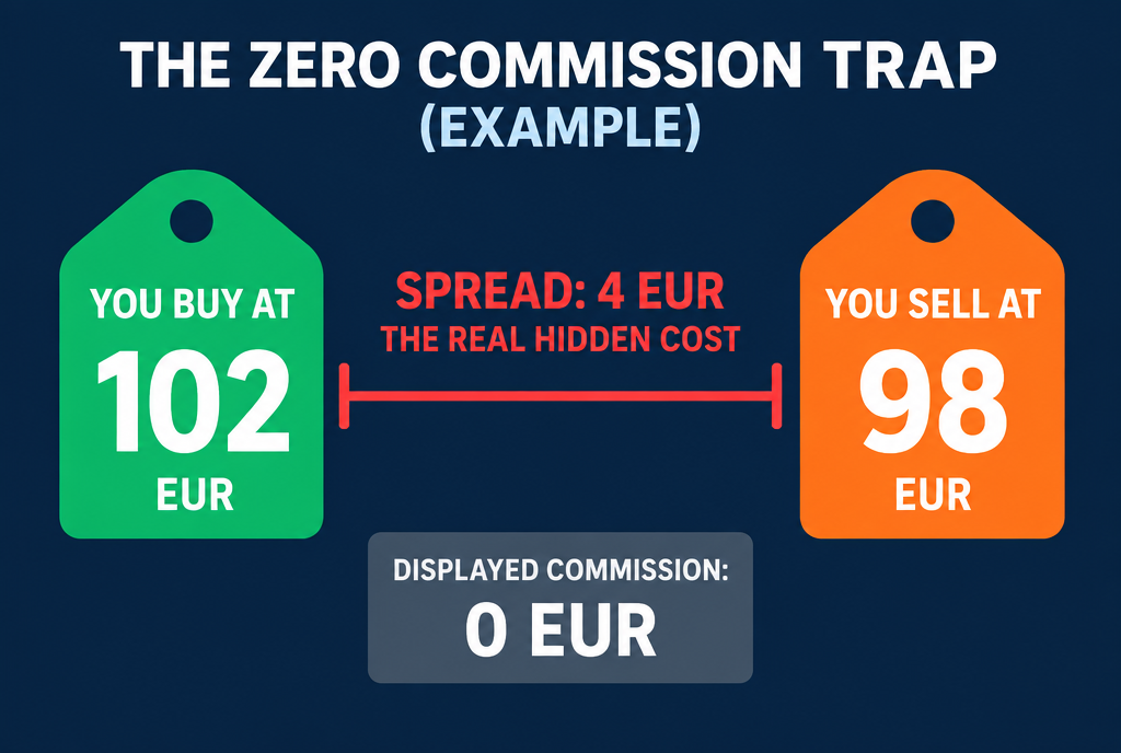 Numerical example of the zero commission trap: at the same moment, you buy a token for 102 euros, you would sell it back for 98 euros. Commission displayed: 0 euros. Difference between the two prices: 4 euros, that's the real hidden cost