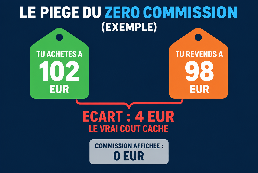 Exemple chiffré du piège du zéro commission : au même instant, tu achètes un jeton à 102 euros, tu le revendrais à 98 euros. Commission affichée : 0 euro. Écart entre les deux prix : 4 euros, c'est le vrai coût caché