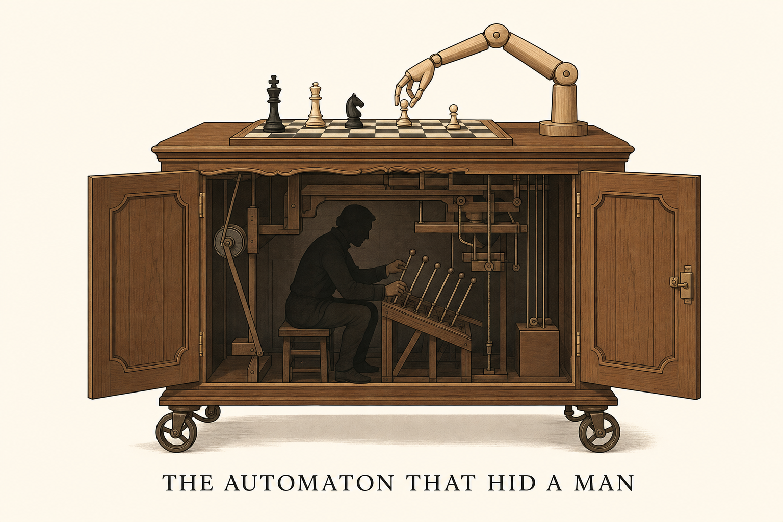 The 1770 chess automaton, doors open, a man hidden inside