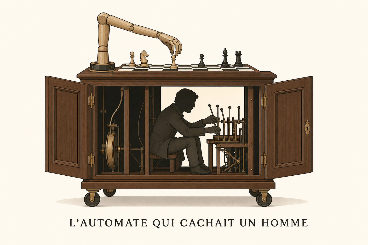 L'automate d'echecs de 1770, portes ouvertes, un homme cache a l'interieur