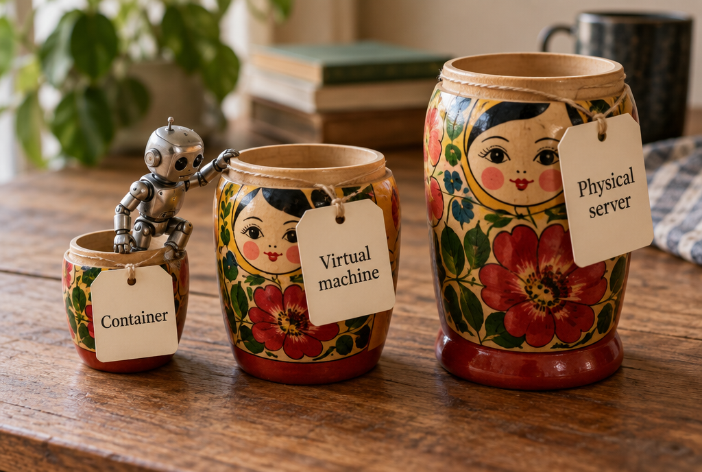 Open Russian dolls lined up on a table, each bearing a label: container for the smallest, virtual machine for the middle one, physical server for the largest. A small silver robot comes out of the smallest doll and climbs over the edge of the next one