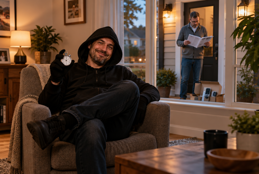 A burglar in a hoodie, stopwatch in hand, is already sitting comfortably in the living room of a house, while outside, on the doorstep, the owner is still reading the instructions for a new lock that is still in its box
