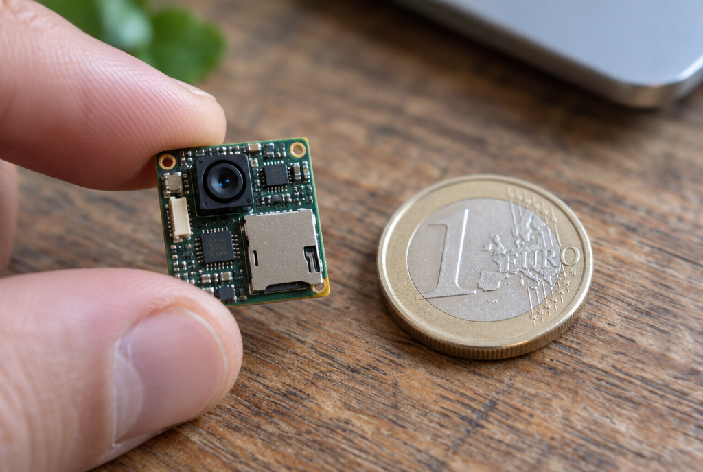 Un doigt tient une minuscule carte électronique de la taille d'un ongle, avec un petit module caméra et un lecteur de carte mémoire, posée à côté d'une pièce d'un euro pour donner l'échelle