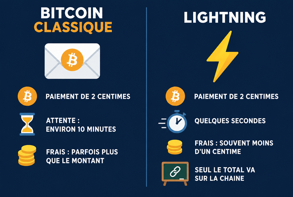 Comparaison en deux colonnes. À gauche, le bitcoin classique : un paiement de deux centimes attend environ dix minutes et les frais peuvent coûter plus cher que le montant. À droite, Lightning : le même paiement passe en quelques secondes pour moins d'un centime, seul le total final est inscrit sur la chaîne