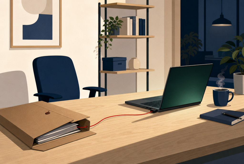 An empty desk, an open folder with a red thread leading from it to a laptop whose screen is turning on by itself