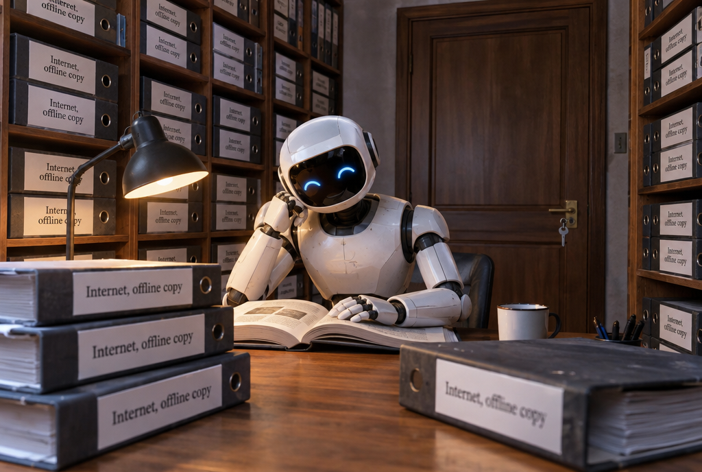 An AI represented by a robot sitting in a closed library, surrounded by shelves filled with binders, with the words: Internet, offline copy, written on their spines. The room's door is locked