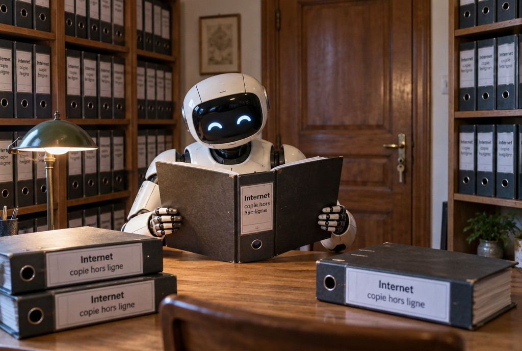 Une IA représentée par un robot assis dans une bibliothèque fermée, entouré d'étagères remplies de classeurs, sur le dos desquels on lit : Internet, copie hors ligne. La porte de la pièce est fermée à clé