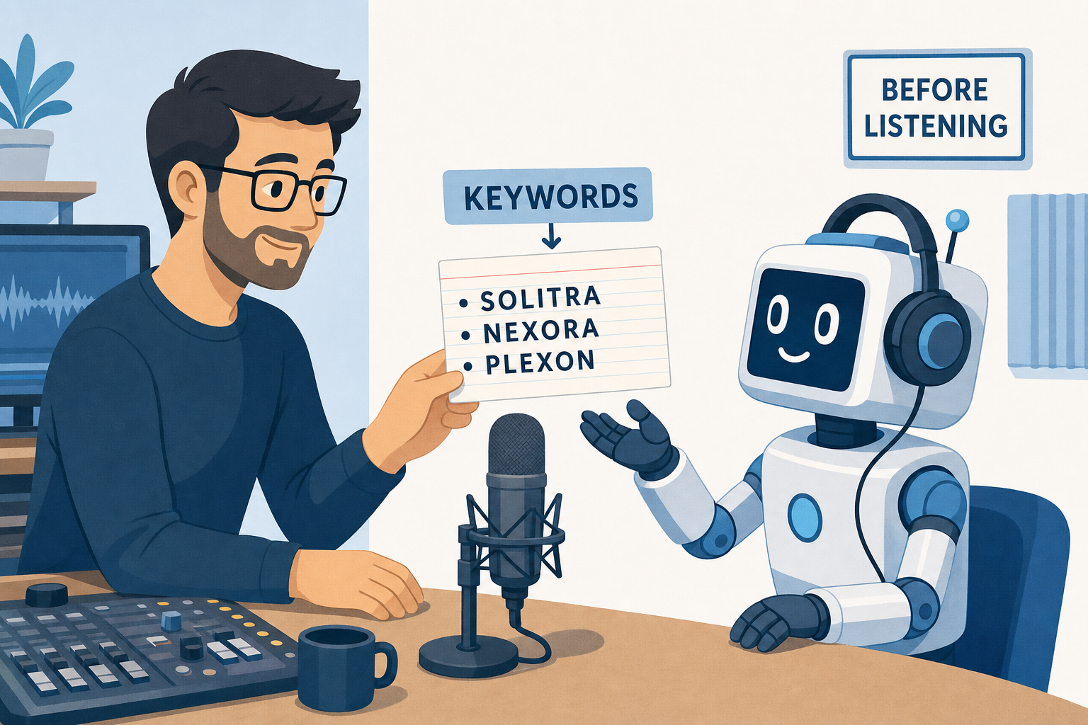 Illustration showing a sound engineer handing a keyword sheet to a robot wearing headphones before the recording