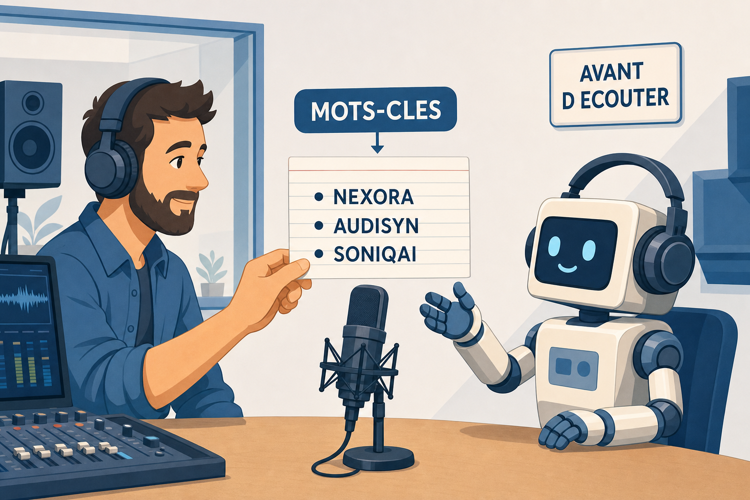 Illustration montrant un ingenieur du son qui tend une fiche de mots-cles a un robot casque sur les oreilles avant l enregistrement