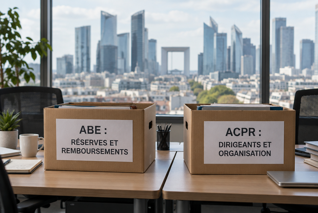 Deux bureaux côte à côte devant une baie vitrée donnant sur le quartier d'affaires de la Défense à Paris, chacun portant un carton d'archives étiqueté : ABE, réserves et remboursements, et ACPR, dirigeants et organisation