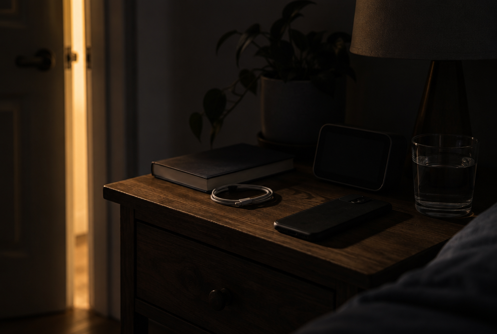 A bedside table with an alarm clock turned off and a phone lying face down