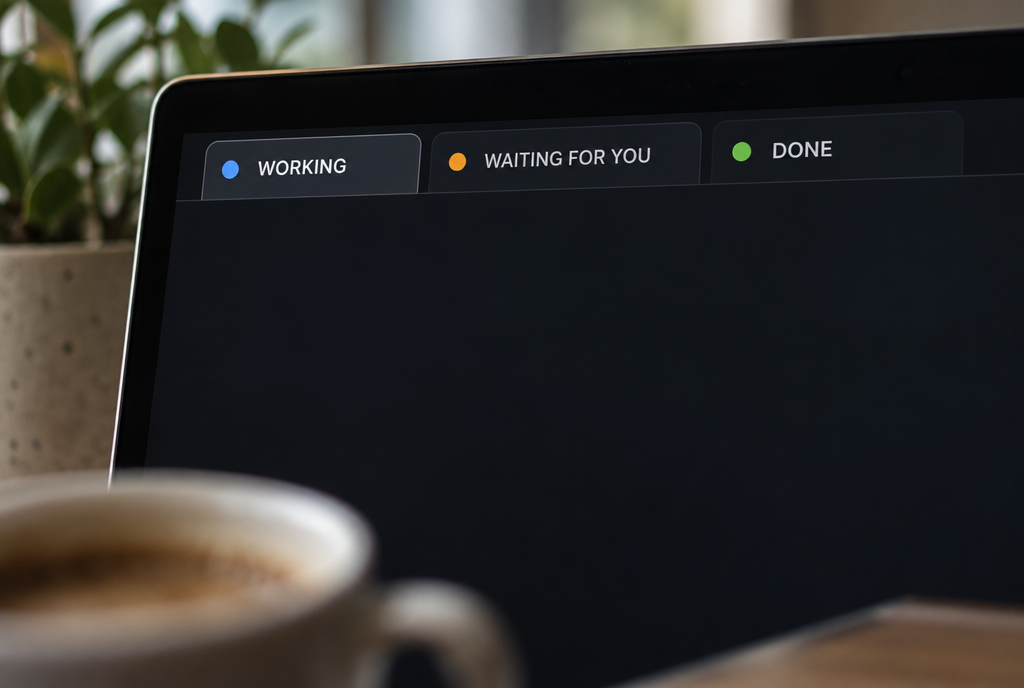 Close-up of a dark terminal screen with three tabs at the top, each with a small colored indicator: blue “Working”, orange “Waiting for your answer”, green “Finished”
