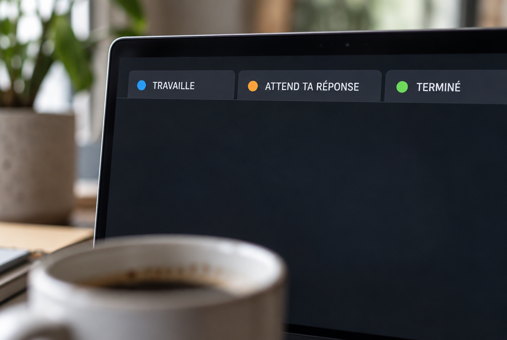 Gros plan sur un écran de terminal sombre avec trois onglets en haut, chacun avec un petit voyant de couleur : bleu « Travaille », orange « Attend ta réponse », vert « Terminé »
