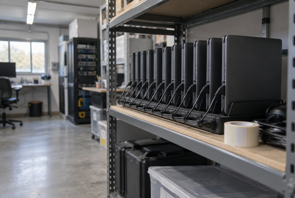 Identical laptops lined up on an IT service shelf