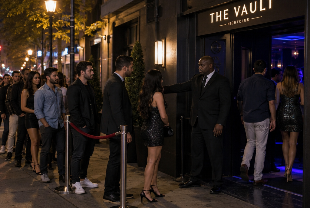 A line of people in front of a door, a gatekeeper holding one of them back with his hand while the others enter