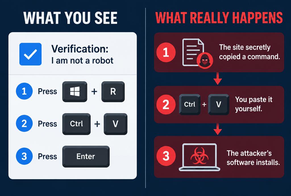 Diagram of the ClickFix scam: a fake verification window asks for three actions, press Windows and R, then Ctrl and V, then Enter; next to it, what is really happening: the site copied a command to your clipboard, you run it yourself, and the hacker's software gets installed