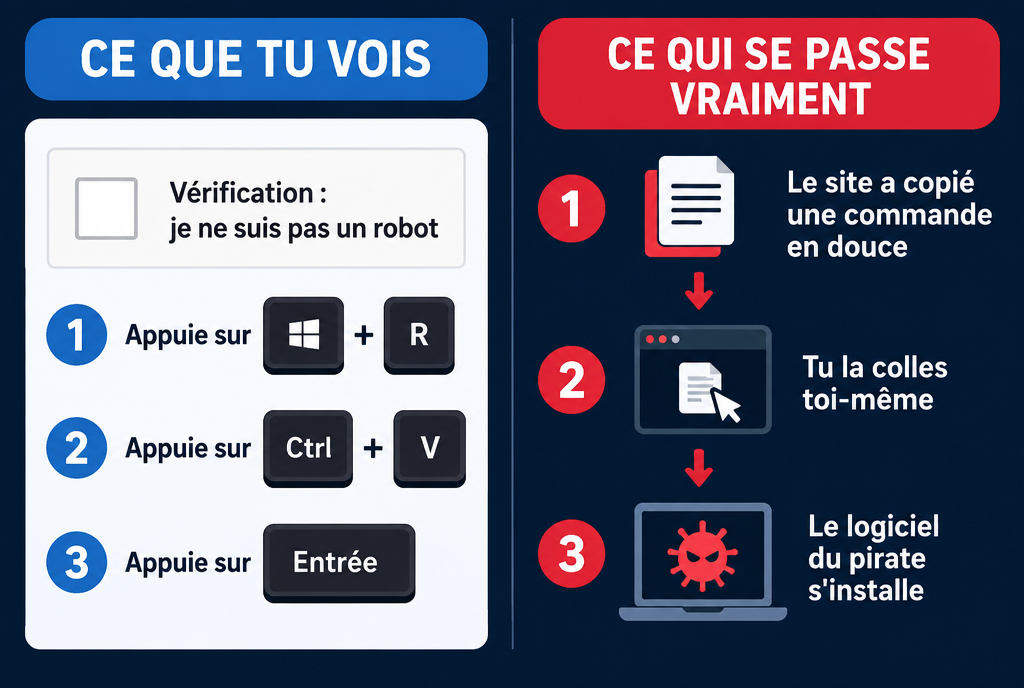 Schéma de l'arnaque ClickFix : une fausse fenêtre de vérification demande trois gestes, appuyer sur Windows et R, puis Ctrl et V, puis Entrée ; à côté, ce qui se passe vraiment : le site a copié une commande dans ton presse-papiers, tu l'exécutes toi-même, et le logiciel du pirate s'installe