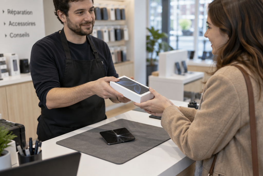 At the counter of an electronics store, a technician in an apron holds out a new box containing a foldable phone to a customer, while the old phone, its screen cracked, remains lying on a repair mat between them