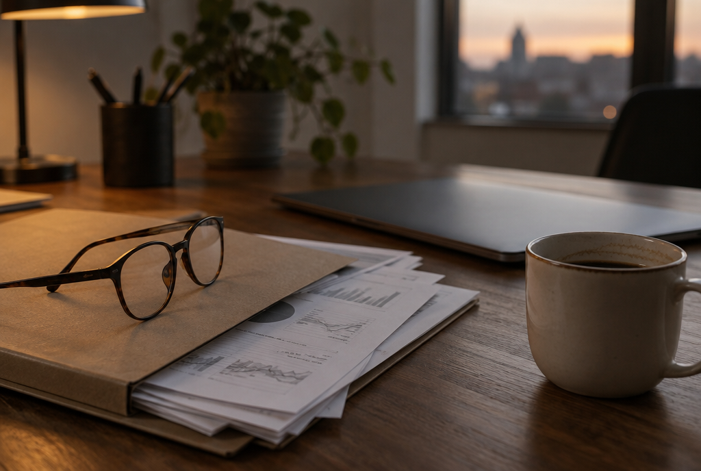 A desk with a closed computer, printed charts and a cup of coffee
