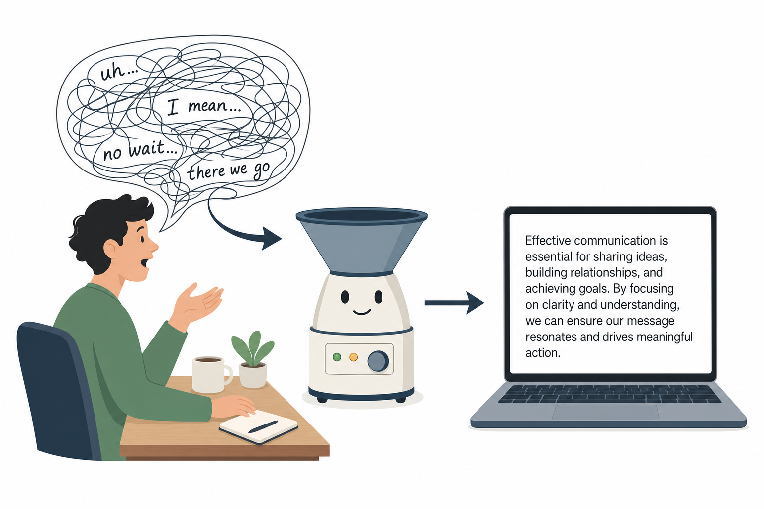 Illustration of a person speaking with a bubble full of hesitations, a funnel that filters them, and clean text coming out the other side
