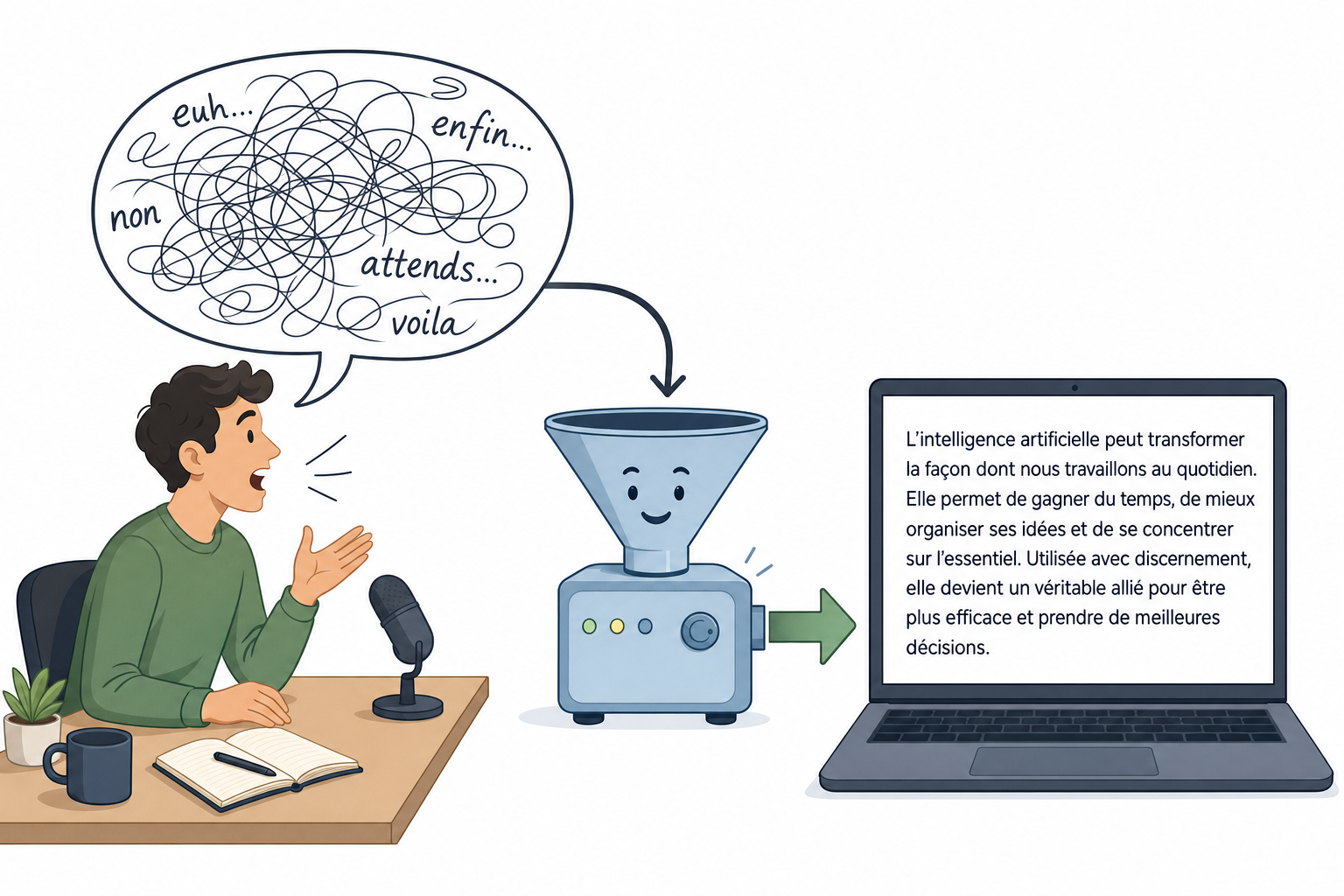 Illustration d une personne qui parle avec une bulle pleine d hesitations, un entonnoir qui les filtre, et un texte propre qui sort de l autre cote