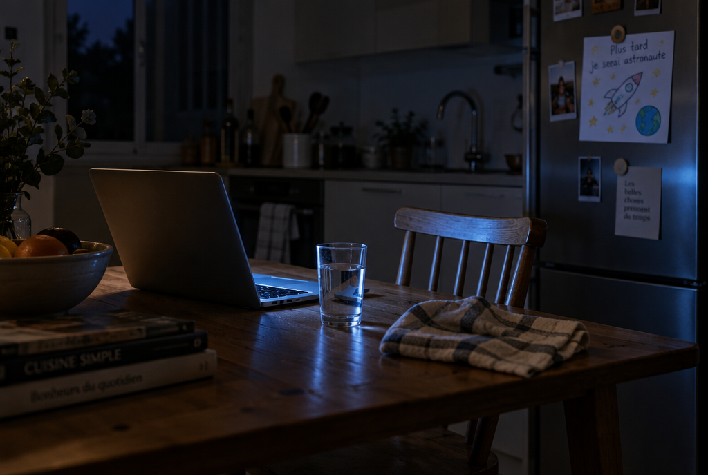 A laptop left open on a kitchen table in the middle of the night, screen on in a sleeping house