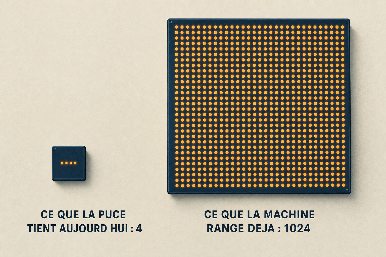 Comparaison honnete: une petite puce avec quatre points lumineux face a une grande plaque couverte de mille vingt-quatre points