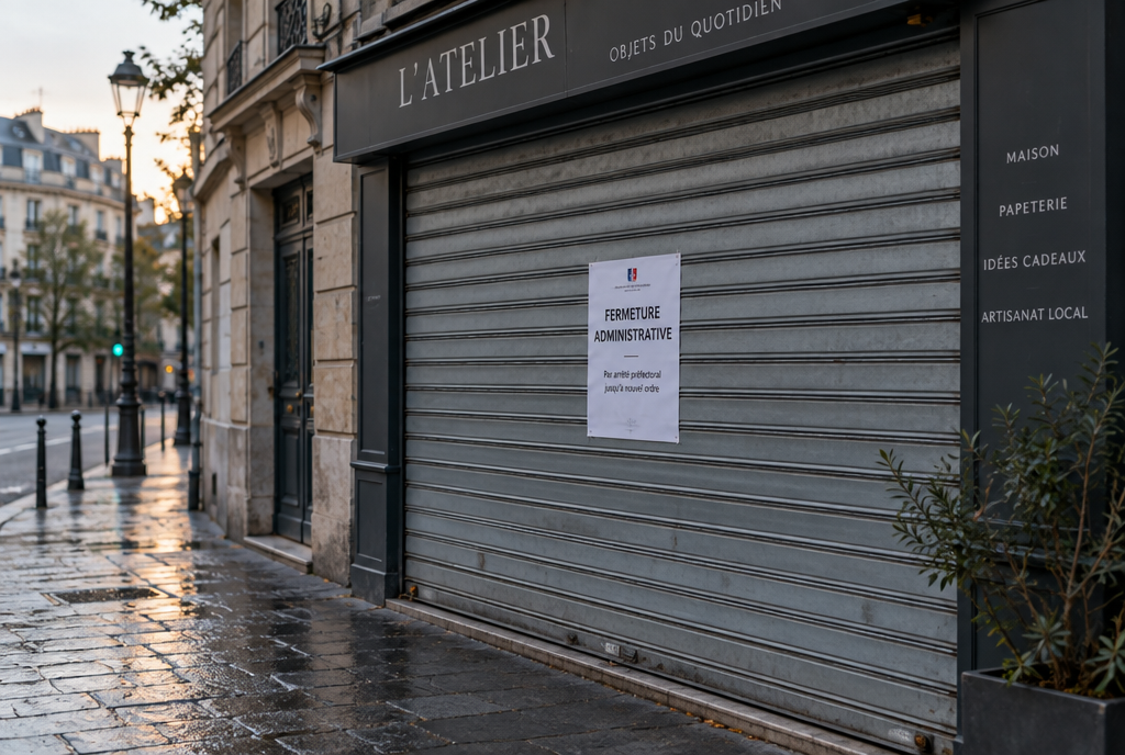 A closed storefront, metal shutter pulled down, an official notice stuck in the center