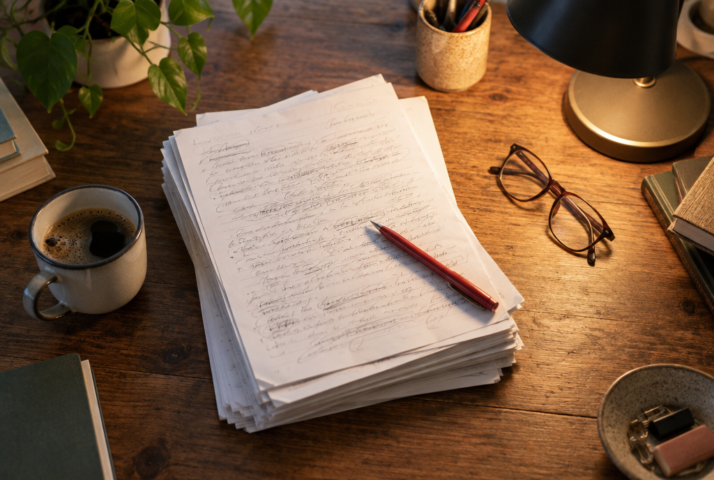 A pile of handwritten papers on a teacher's desk, with a red pen and glasses