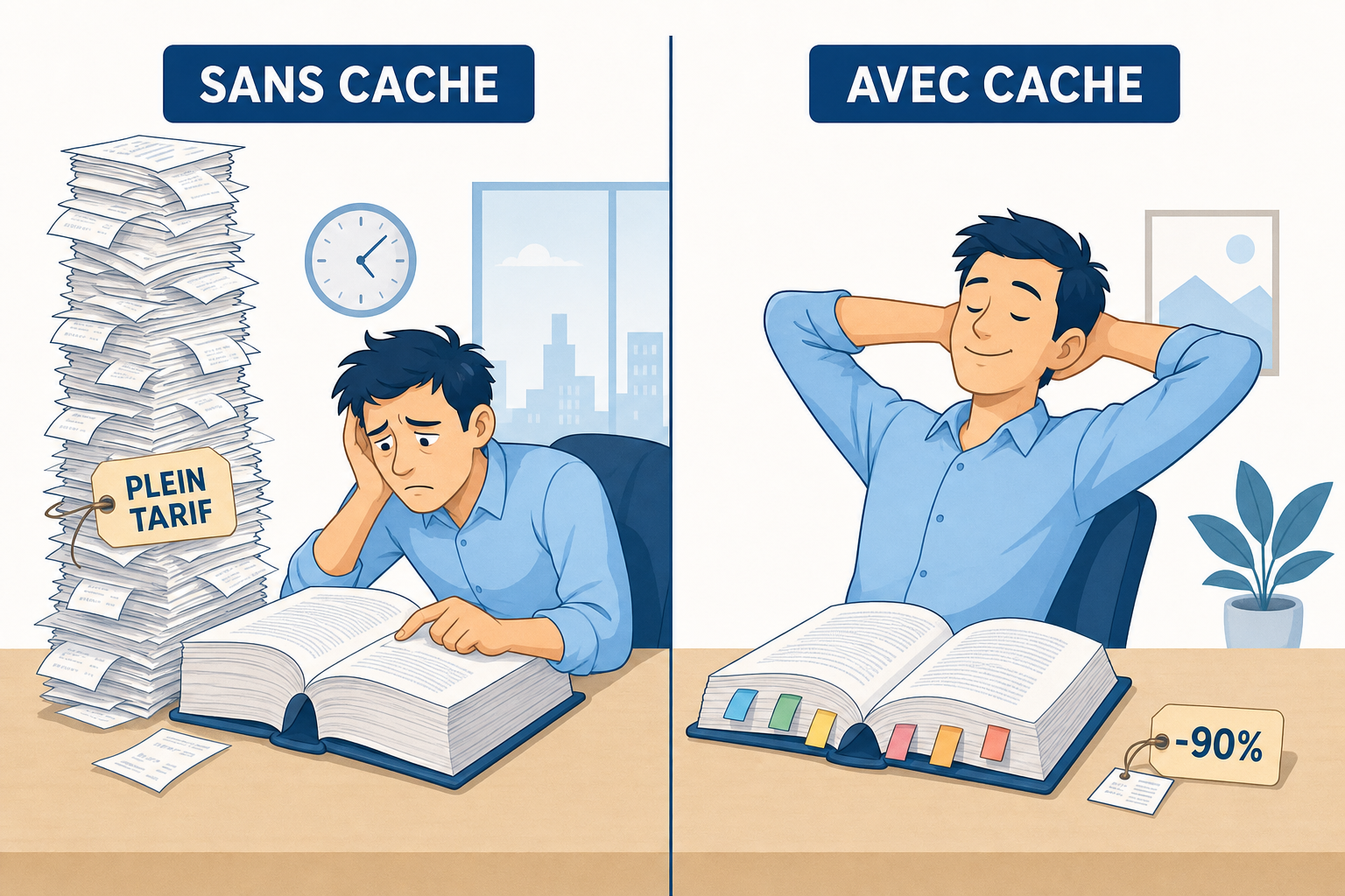 Illustration en deux moitiés comparant la relecture complete d un livre epais a chaque question et la meme lecture avec des marque-pages, avec la facture qui fond
