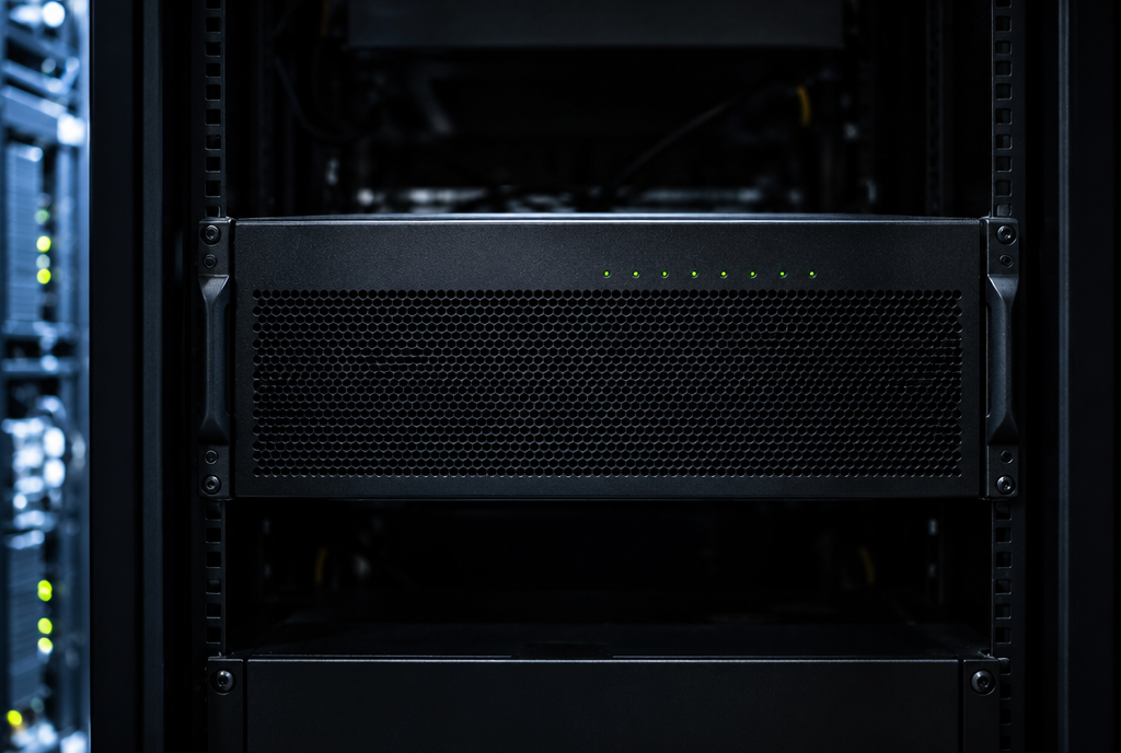 The front of an unbranded black box in a computer rack
