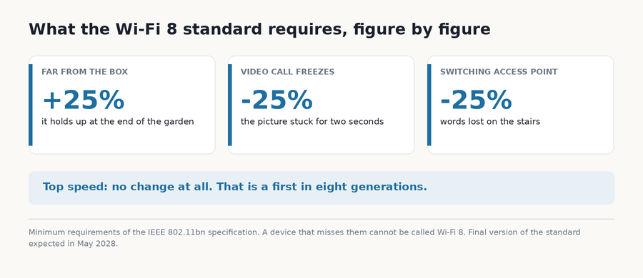 The three quantified requirements of the Wi-Fi 8 standard: more range far from the box, fewer freezes during video calls, fewer dropouts when switching access points