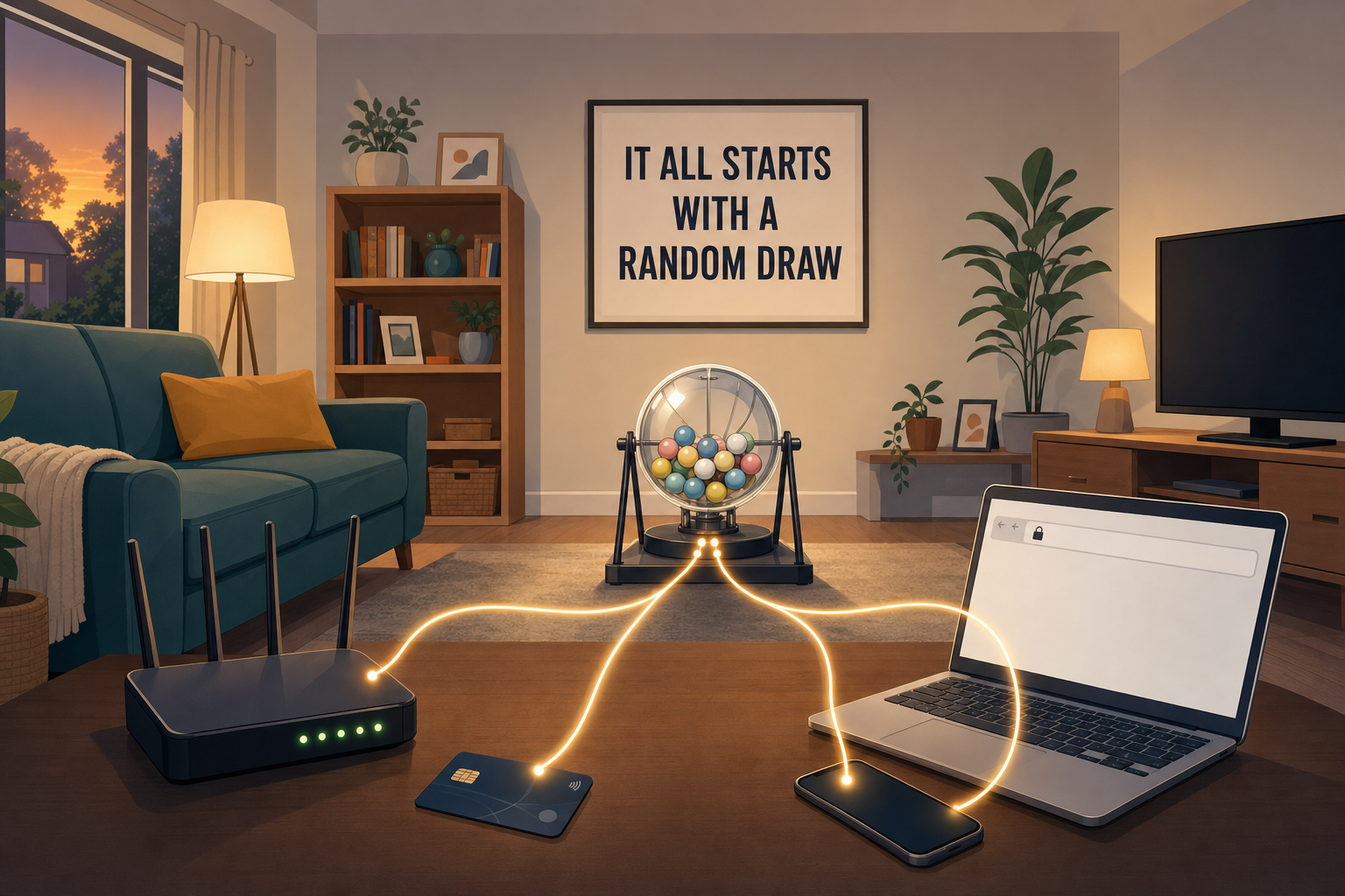 A living room where the internet router, computer, bank card and phone are connected to a small random-drawing machine