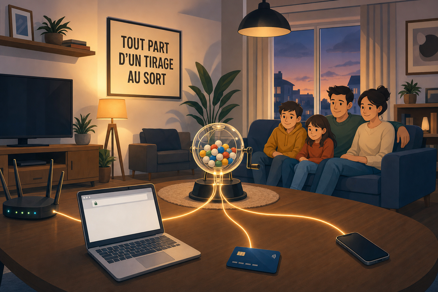 Un salon ou la box internet, l ordinateur, la carte bancaire et le telephone sont relies a une petite machine de tirage au sort