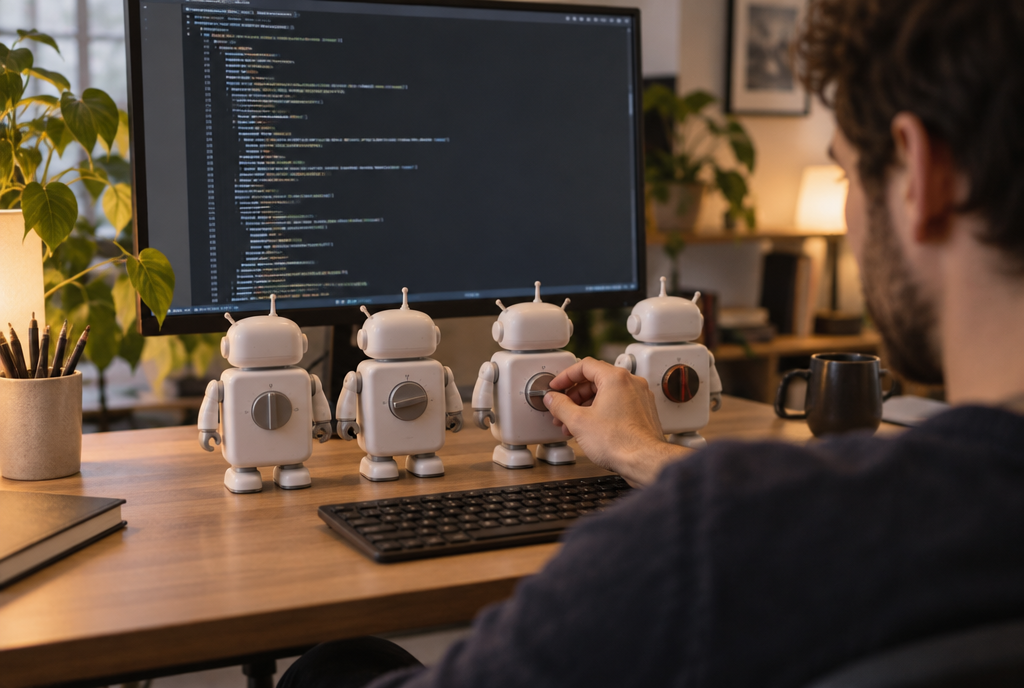 On a desk, in front of a screen displaying a terminal, four small white robots lined up each have a big round button on their backs, like an oven button, turned to a different position, while a developer's hand adjusts the one on one of them