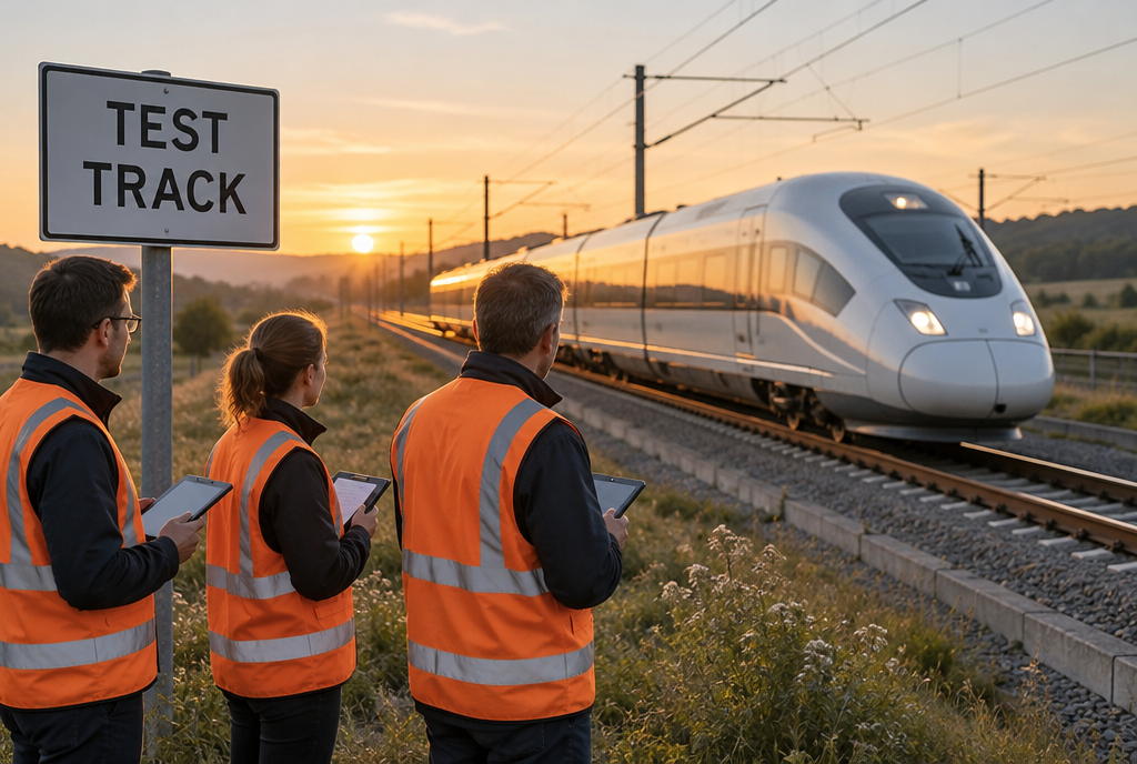 On a test railway in the middle of the countryside, a brand-new high-speed train is moving slowly while engineers in orange vests, tablet and notepad in hand, watch it pass beside a sign reading « Test track »