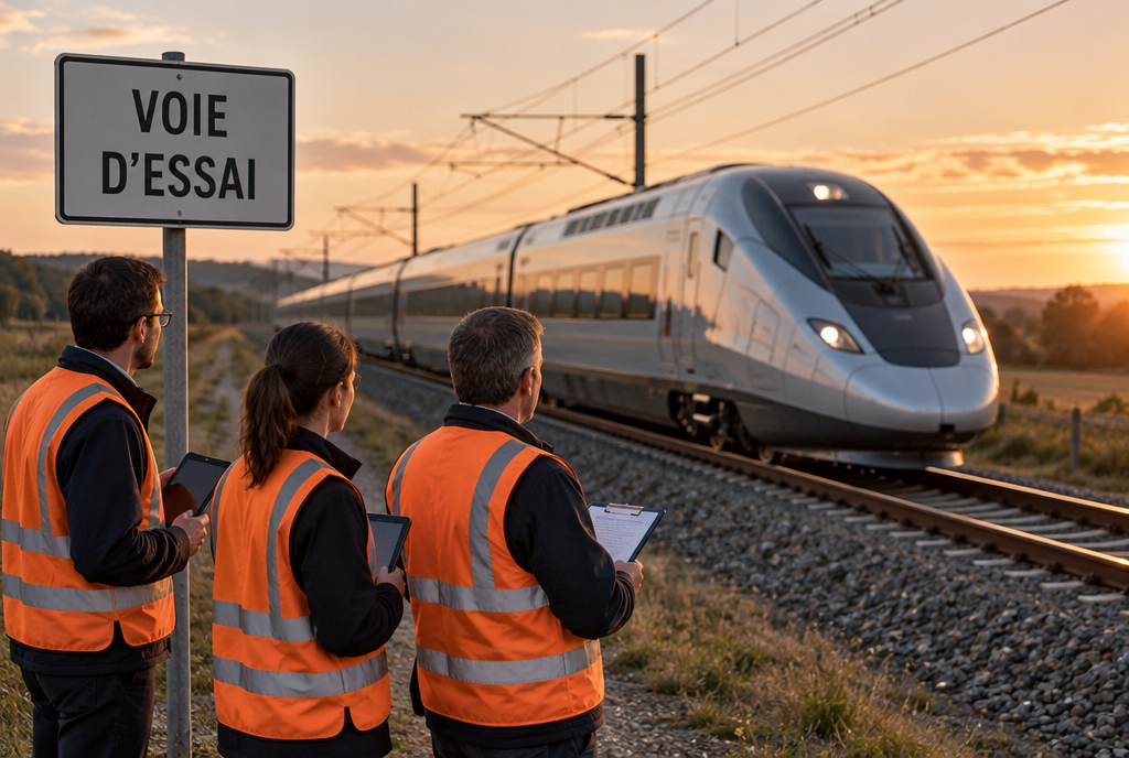 Sur une voie ferrée d'essai en pleine campagne, un train à grande vitesse flambant neuf roule lentement pendant que des ingénieurs en gilet orange, tablette et bloc-notes à la main, le regardent passer à côté d'un panneau « Voie d'essai »