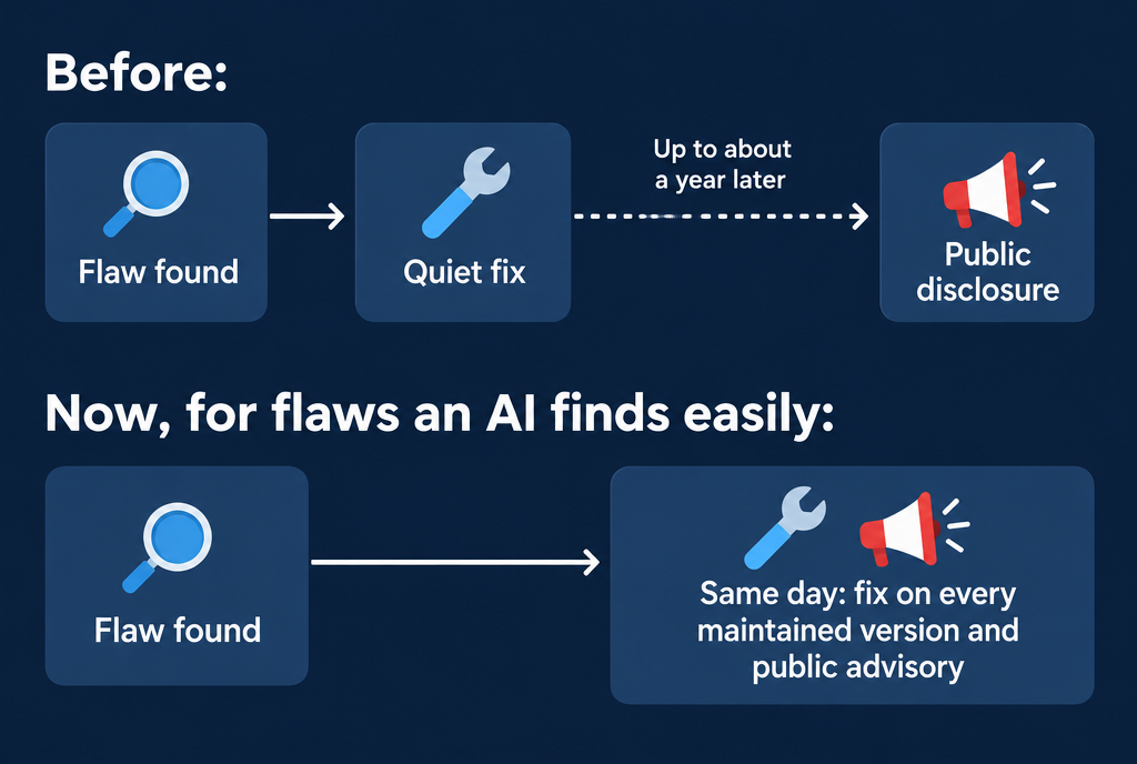 Before-and-after diagram. Before: vulnerability found, discreet fix, then public announcement up to roughly a year later. After, for vulnerabilities that are easy for an AI to discover: vulnerability found, then the same day a fix on all maintained versions and a public security advisory