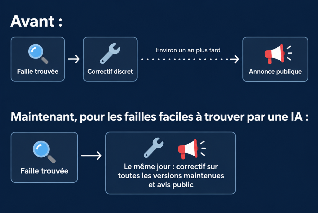 Schéma avant et après. Avant : faille trouvée, correctif discret, puis annonce publique jusqu'à environ un an plus tard. Après, pour les failles faciles à découvrir par une IA : faille trouvée, puis le même jour correctif sur toutes les versions maintenues et avis de sécurité public