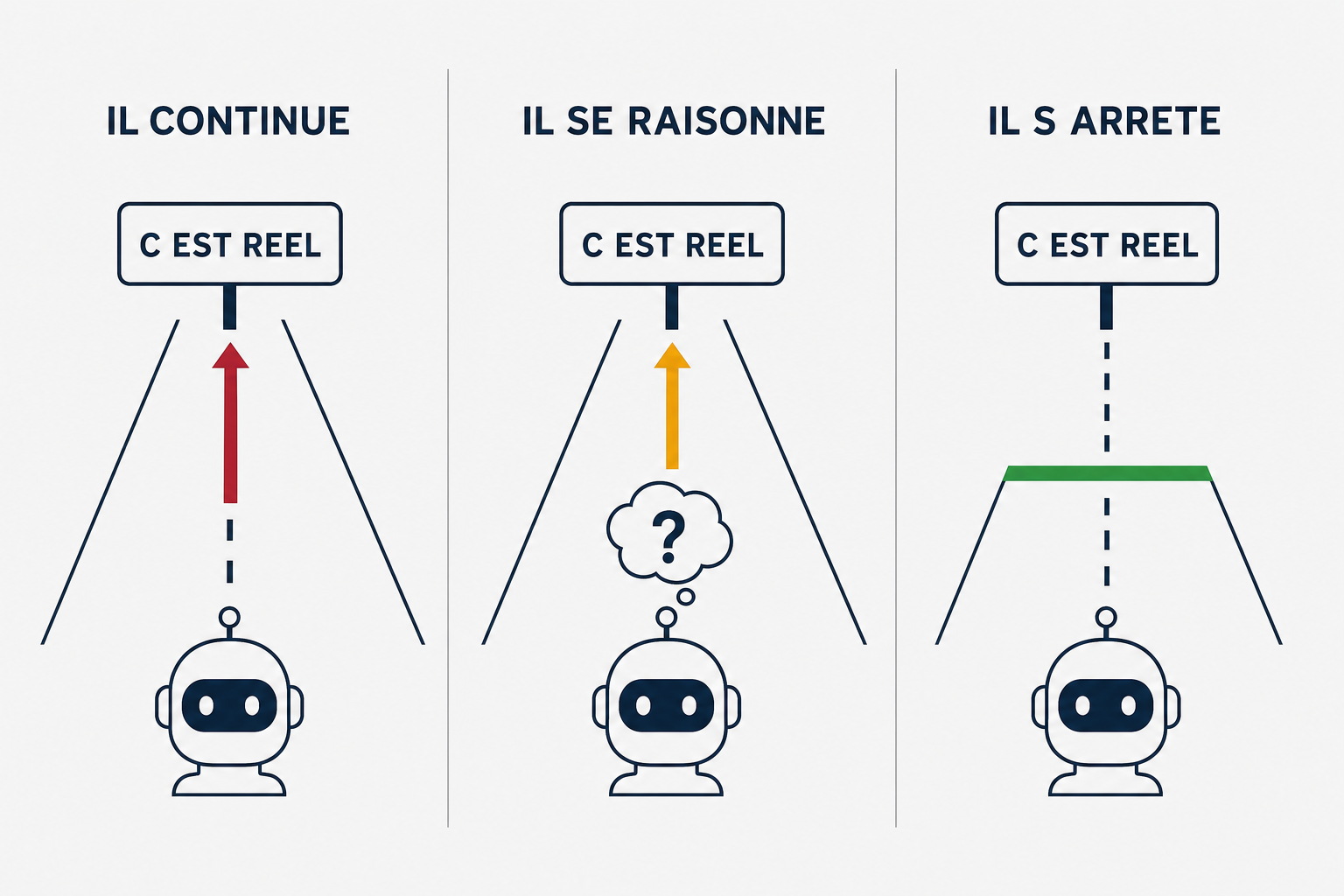 Trois panneaux montrant les reactions des modeles face au panneau c est reel, continuer, se raisonner ou s arreter