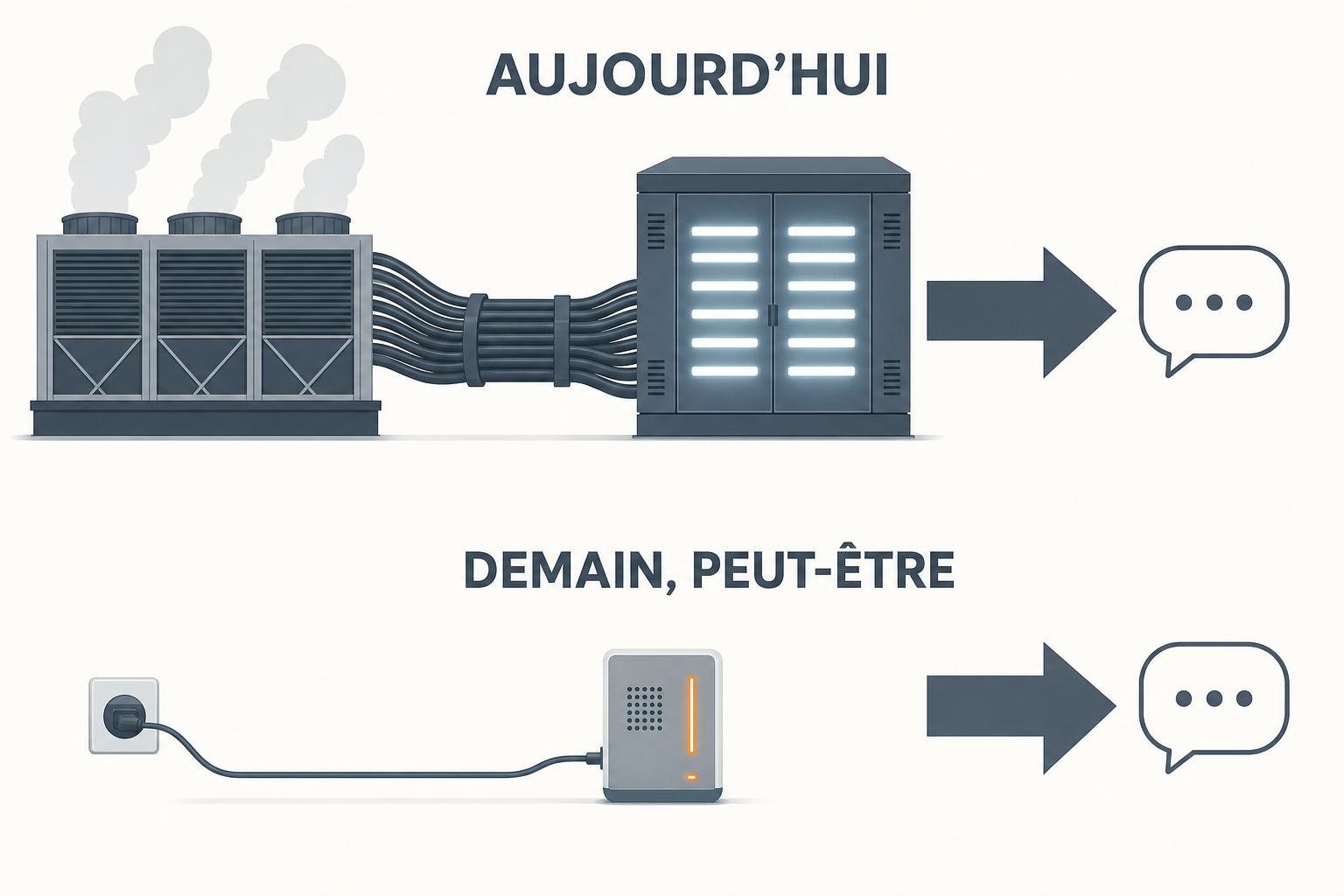 Comparaison : aujourd'hui un groupe froid industriel et de gros câbles pour produire une réponse, demain un petit boîtier et un fil fin pour la même réponse