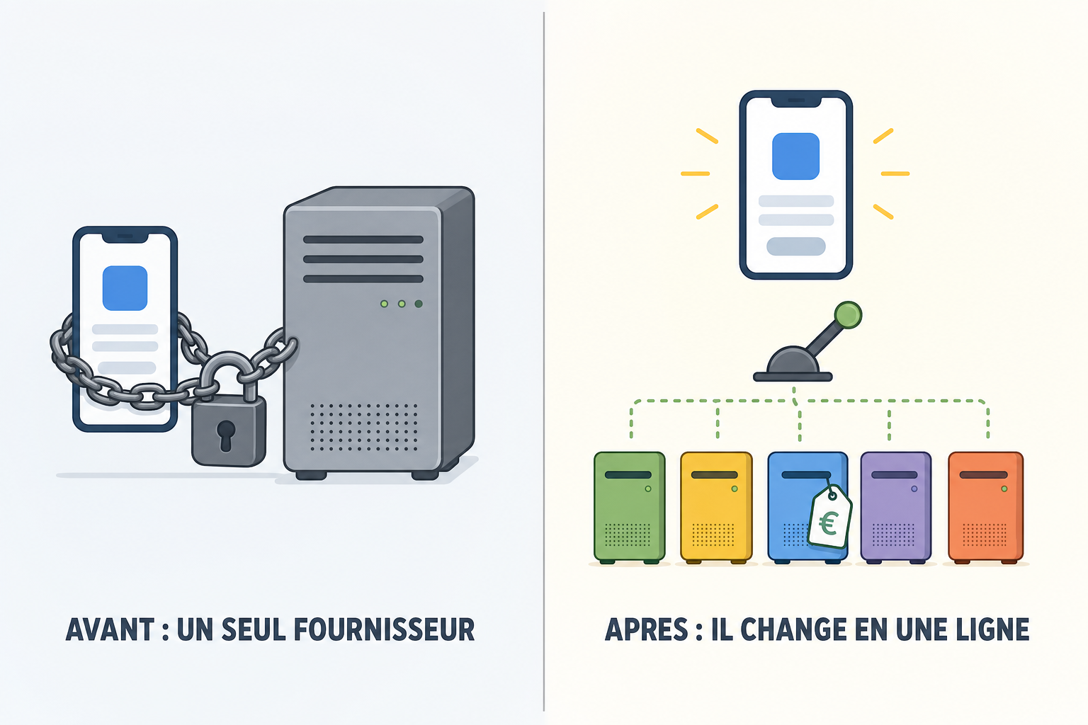 Avant et après : une application enchaînée à un seul fournisseur, puis libre de basculer entre cinq