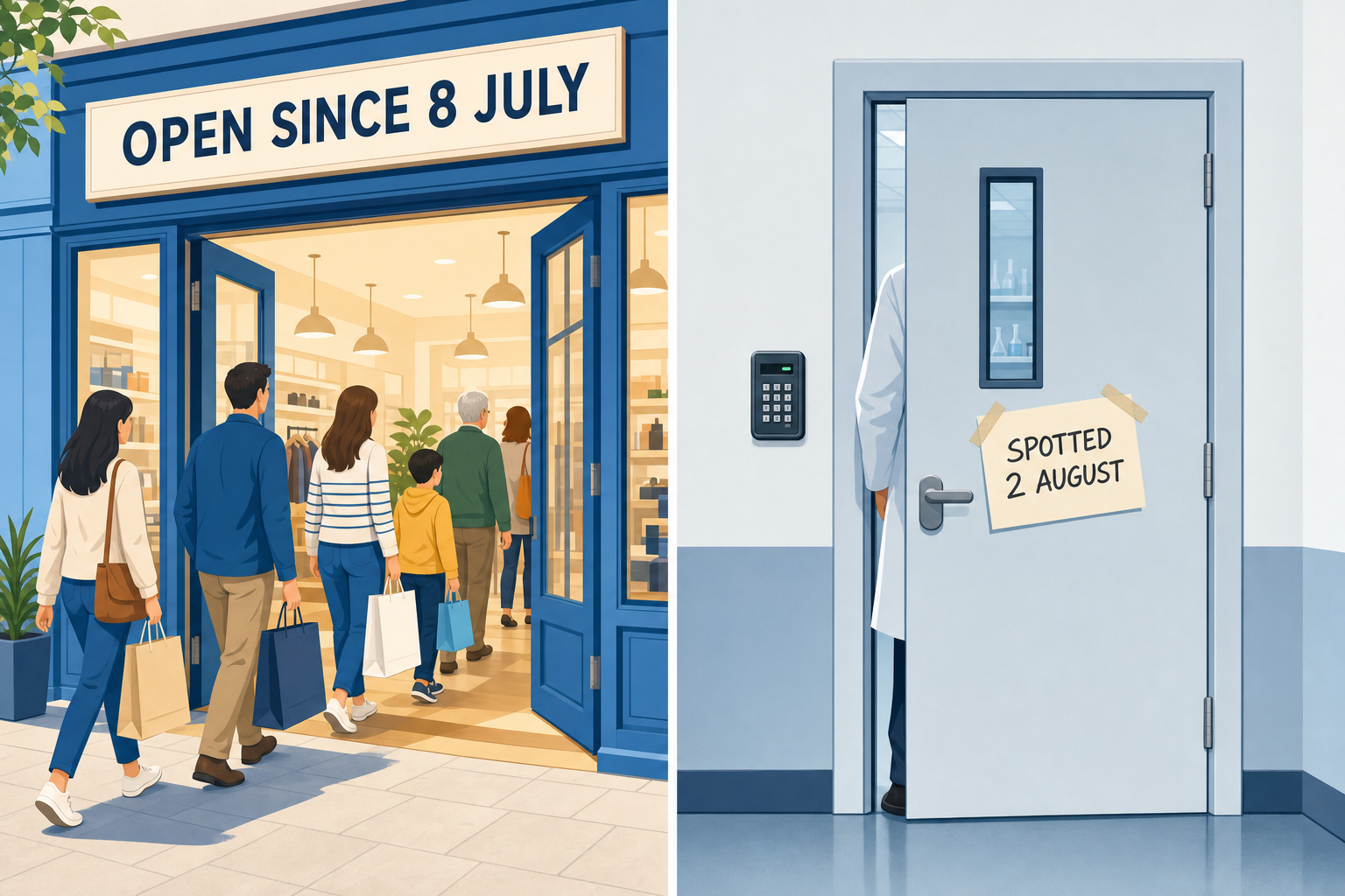 Two panels, on the left an open shop where customers enter since July 8, on the right a closed laboratory door seen on August 2